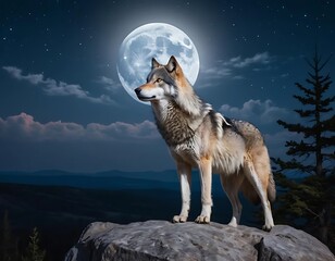 Wolf Standing Under Full Moon On Rocky Cliff