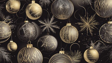 Elegant Christmas Wallpaper in Cartoon Style Featuring Gold Ornaments and Lush Greenery for a Festive and Joyful Decor Experience