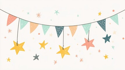 Festive Minimalist Cartoon Style Illustration Featuring Colorful Garlands and Stars for Celebratory Events and Invitations