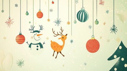 Festive Cartoon Style Illustration Featuring Colorful Mobiles, Snowman, Reindeer, and Ornaments to Celebrate the Holiday Season in a Cheerful Atmosphere