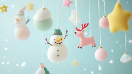 Festive Cartoon Style Hanging Decorations with Colorful Snowman and Reindeer to Create a Joyful Holiday Atmosphere