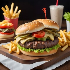 Juicy 200g Double Hamburger with Crispy Fries in a Casual Dining Setting