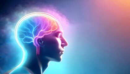 Mental health and depression concepts: Mental health, serene human silhouette in vibrant colors.