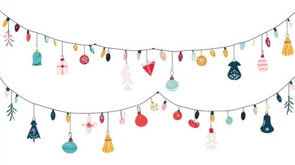 Minimal Festive Cartoon Style Garlands with Colorful Decorations, Perfect for Holiday Designs, Illustrations, and Creative Projects Featuring Charming Seasonal Details