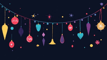 Festive Minimalist Cartoon Style Garlands with Ornaments and Decorative Elements in Vibrant Colors Against a Dark Background for Holiday Themes