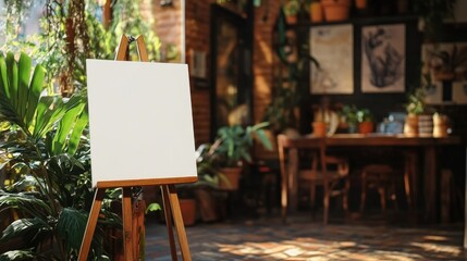 A blank canvas on an easel in a cozy, plant-filled interior space.