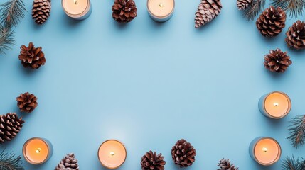 A Minimalist Arrangement of Candles and Pinecones in a Cartoon Style on a Soft Blue Background for Cozy Seasonal Decor Inspirations