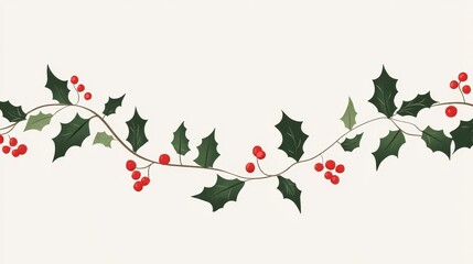 Bright and Cheerful Minimalist Cartoon-Style Garland Featuring Holly Leaves and Red Berries for Seasonal Decor and Festive Design