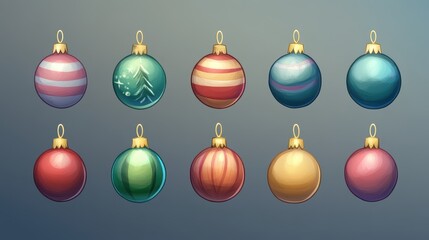 Simple and Elegant Cartoon Christmas Ornaments in Various Colors and Designs Perfect for Holiday Decor and Festive Graphic Projects