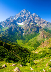 Majestic Mountain Peak Surrounded by Lush Green Valleys and Trees