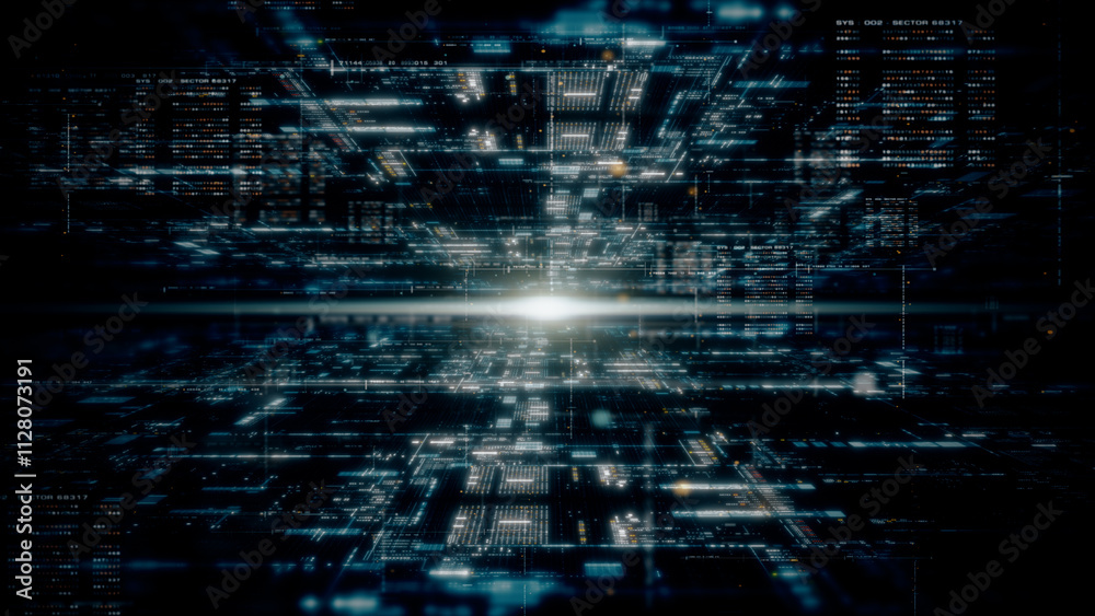 Fototapete Futuristic metaverse, hi-tech digital data telemetry with encrypted numbers, display dynamic background for computer desktop screen display format
