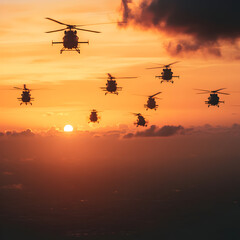 Helicopter fleet maneuvering at sunset aerial formation military exercise twilight sky wide shot aviation operations