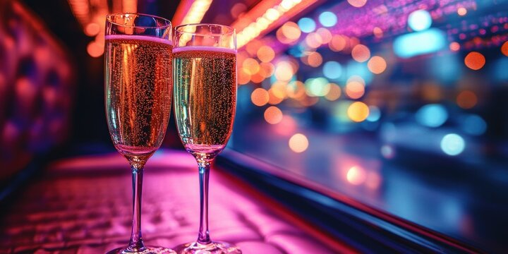 Bride with Friends Celebrating in a Luxurious Party Bus with Pink Decor and Sparkling Champagne