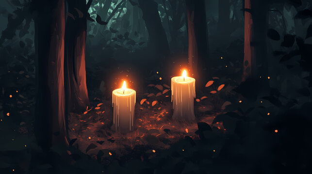 Wiccan slavic tradition using litha candles in a dark forest for mystical rituals. concept slavic tradition, litha candles, dark forest, mystical rituals, wiccan practices. Solstice. Illustration