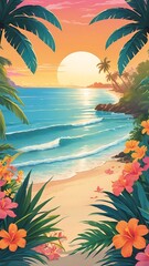 Vibrant Tropical Sunset Beach Illustration with Palm Trees, Hibiscus Flowers, and Golden Ocean Reflections