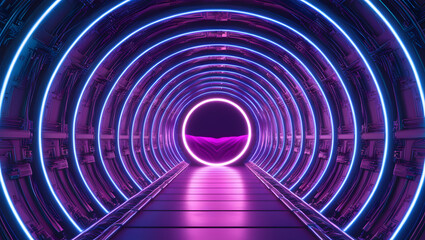 Obraz premium Neon Tunnel of Dreams: Futuristic Purple and Blue Neon Lights in a Circular Tunnel, leading to a mysterious glowing portal. Perfect for Sci-Fi, technology, and abstract backgrounds. 