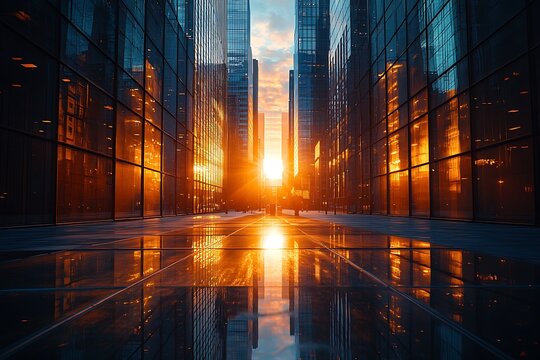 Sunset light shining on the buildings and cars on 42nd Street in Midtown New York City around the time of the Manhattanhenge summer solstice
