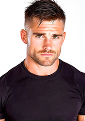 Fototapeta premium Athletic Man in Black Shirt with Intense Expression and Short Hair