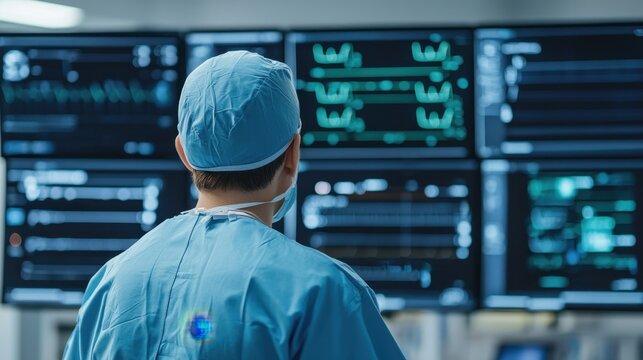 Surgeon monitoring patient vital signs in operating room medical technology healthcare environment close-up perspective