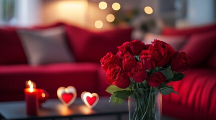 Obraz premium Romantic Evening for Valentine s Day with Bouquet Red Roses and Cozy Decor on Table in Living Room,