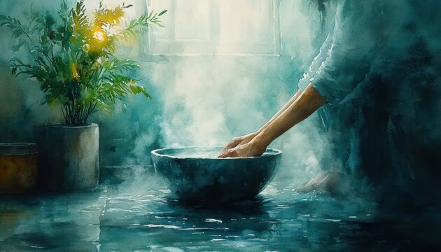 Washing of the Feet Jesus Christ Holy Thursday New Testament Spiritual Watercolor Illustration
