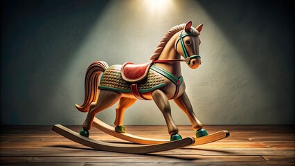 Obraz premium Low Light Rocking Horse Photography: White Background Wooden Toy Horse Image