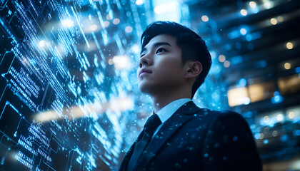Fototapeta premium A young handsome asia man look like an korean actor stands before an AI interface, surrounded by glowing data streams and code lines, symbolizing the integration with artificial intelligence technolog