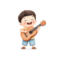 Obraz premium Happy Little Guitarist: A cheerful watercolor illustration of a young boy playing the guitar with a bright smile, capturing the joy and innocence of music. 