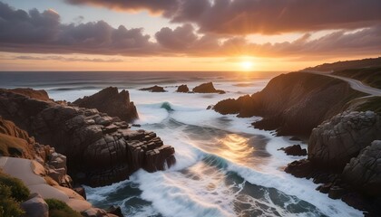 Obraz premium Morning Sunrise Evening Sunset Ocean Palm Coconut Tree Sunlight Peaceful Horizon Background Texture