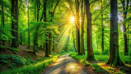 Obraz premium Lush Green Forest Path: Picturesque Nature Trails, Park Scenery, Woodland Walkway, Summer Trees