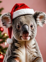 Naklejka premium A koala bear wearing a Santa hat sitting in front of a Christmas tree.