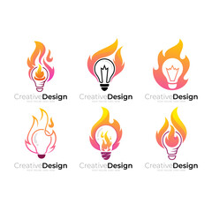 Set bulb logo and fire design combination, burning light bulb logo