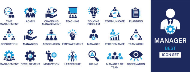 Manager best solid icon set collection. Time management, admin, changing management, teaching, solving problem, communicate, planning, depuration, managing, association and vector illustration.