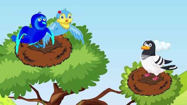 cartoon birds start flying while sitting on a tree