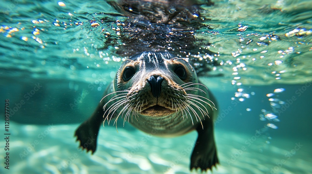 Poster A curious seal glides effortlessly through clear blue waters, its whiskers and whiskers catching the sunlight. Bubbles surround it, creating a magical underwater atmosphere