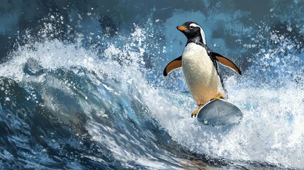 A penguin surfing on ocean waves, showcasing agility and grace in a dynamic marine environment.