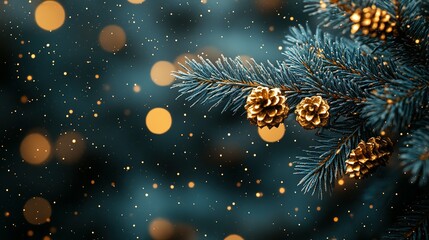 Festive Golden Pine Cones Adorn Winter Tree Branch