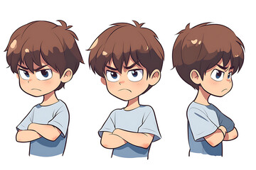 Three expressive illustrations of a young boy showing various angry poses.