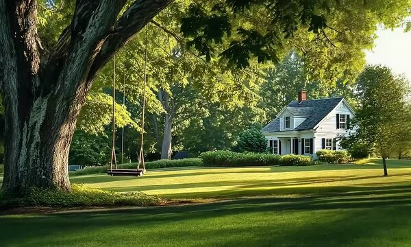 Tranquil Summer Day at a Suburban Cape Cod Home, Featuring a Swing Hanging from a Majestic Tree in the Front Yard.