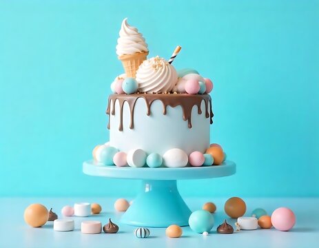 a cack with ice cream and candy decoration