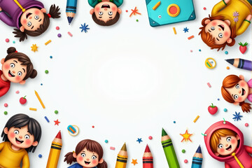 Fototapeta premium A playful school background illustration featuring kids playing, colorful school supplies, and fun learning icons in a lively composition..