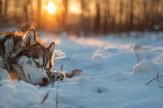  Husky endormi dans la neige sous un coucher de soleil dor&eacute;, lumi&egrave;re douce hivernale, espace n&eacute;gatif copyspace.