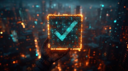 Fototapeta premium Green Check Mark Compliance Certification with Businessman in High-Tech Cyberpunk Environment