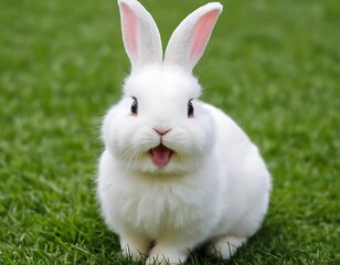 Obraz premium Adorable White Bunny With Big Eyes on a Pink Background