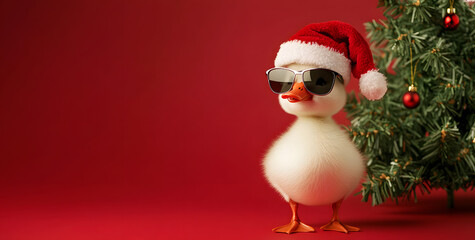 A cute little yellow duck wearing sunglasses and a Santa hat on a red background, with Christmas tree and with copy space for a Christmas celebration card design