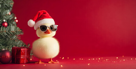 A cute little yellow duck wearing sunglasses and a Santa hat on a red background, with Christmas tree and with copy space for a Christmas celebration card design