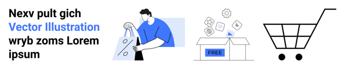 Person holding clothing, package labeled Free, shopping cart, and text Vector Illustration. Ideal for e-commerce, online shopping, delivery services, retail, branding marketing digital business