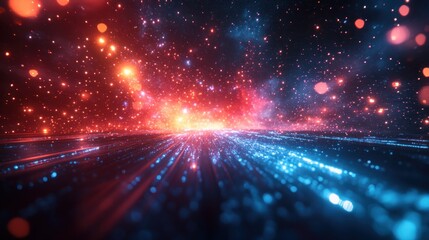 Fototapeta premium Futuristic Abstract Scene with Glowing Wires and Vibrant Particles in Neon Colors