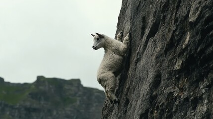 Obraz premium A mountain goat skillfully climbing a steep rocky cliff in a breathtaking landscape.