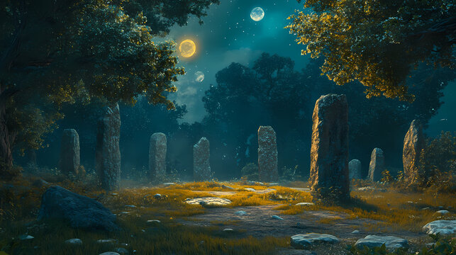 Mystical celtic ritual in an ancient forest, druids and stone circles, fantasy style, sacred and atmospheric, during a solstice evening. celtic druid circle. illustration. Solstice. Illustration